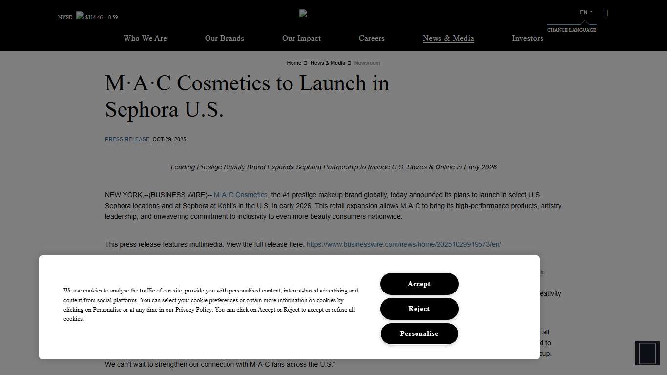 M·A·C Cosmetics to Launch in Sephora U.S. – The Estée Lauder Companies Inc.