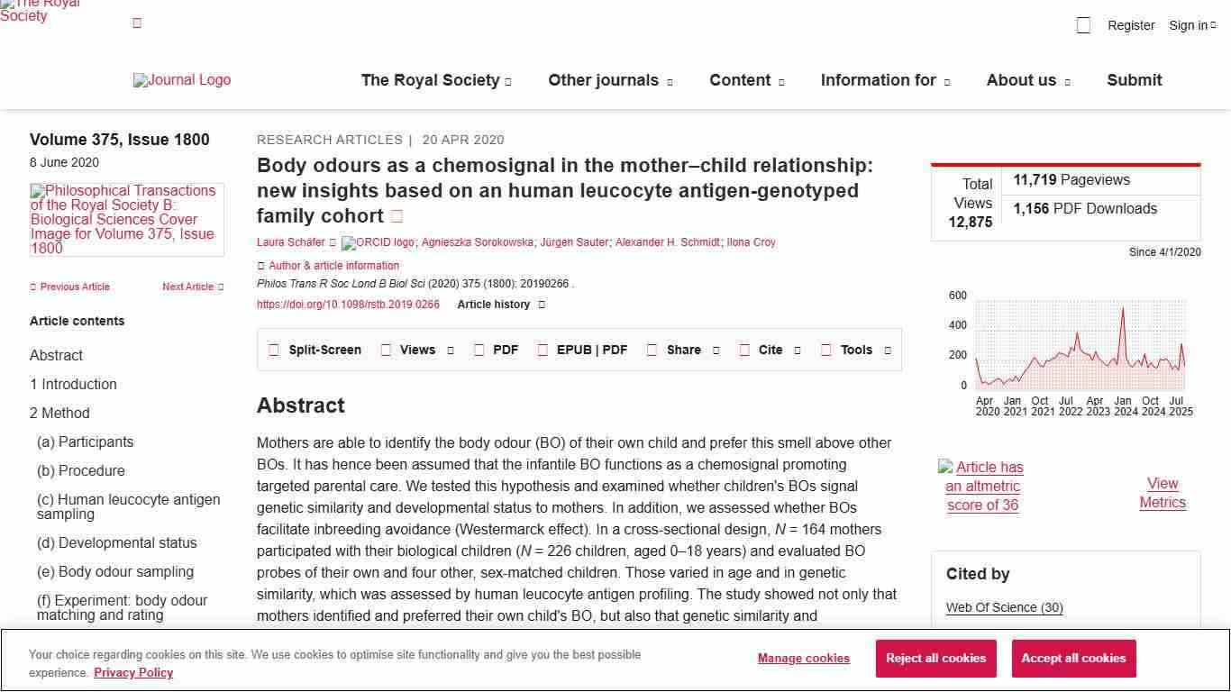 Body odours as a chemosignal in the mother–child relationship: new insights based on an human leucocyte antigen-genotyped family cohort | Philosophical Transactions of the Royal Society B | The Royal Society